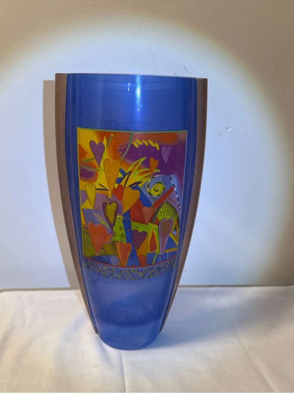 Goebel Blue Glass Vase with Multicolor Heart Motif signed MARA! 30cm tall